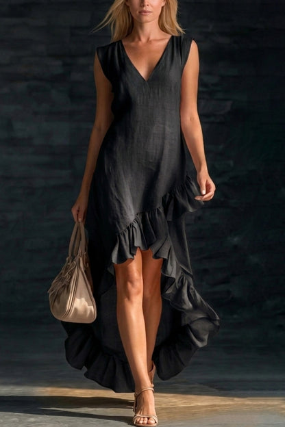 Linen Blend V-neck Sleeveless Ruffled Hem Casual Maxi Dress