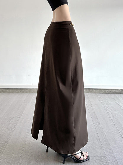 Retro Brown Beaded Lace-Up Maxi Skirt