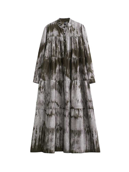 A-Line Long Sleeves Pleated Printed Split-Joint Stand Collar Midi Dresses