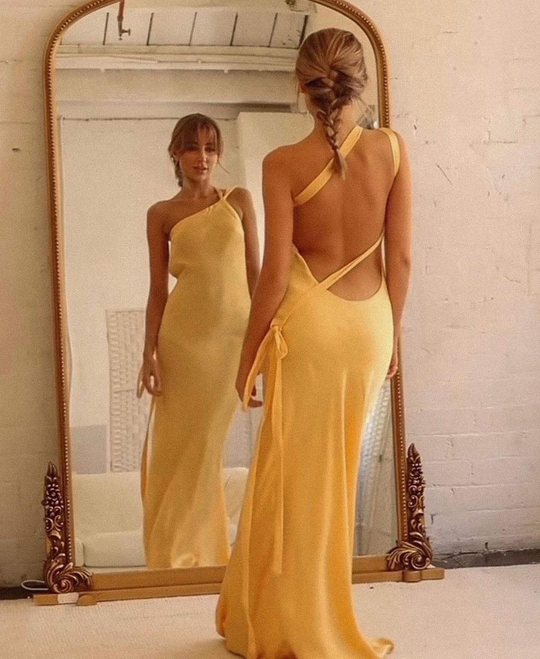 One Shoulder Asymmetric Neck Back Tie Strap Satin Column Maxi Gown