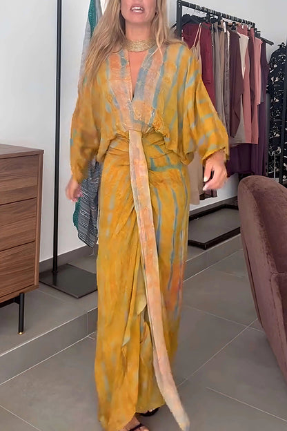 Unique Printed V-neck High-waisted Loose-fitting Holiday Maxi Dress