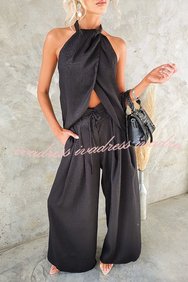 Gette Linen Blend Slit Front Top and High Rise Knoted Pocket Wide Leg Pants Set