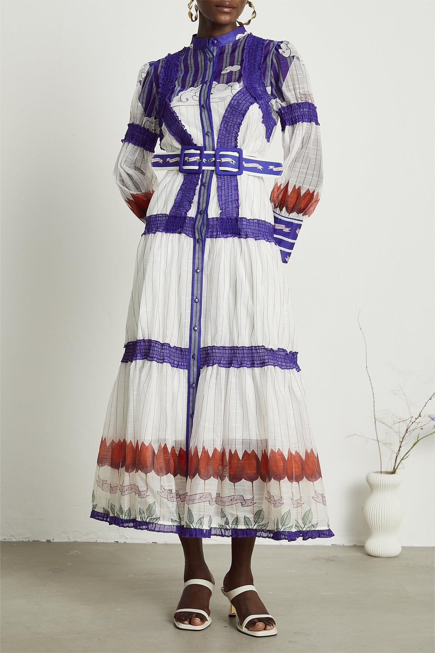 Floral Puff Sleeve Midi Dress With Belt