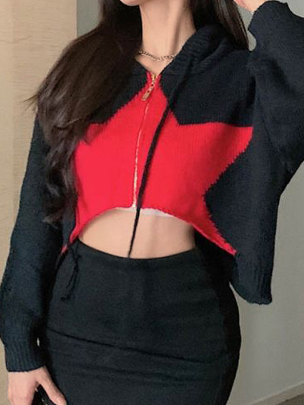 Contrast Color Star Hooded Crop Cardigan