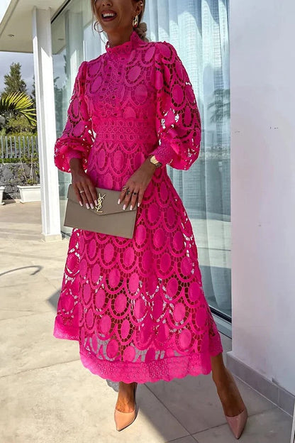 Guipure Lace Mock Neck Lantern Sleeve Scalloped Hem Hollow Out Midi Dress