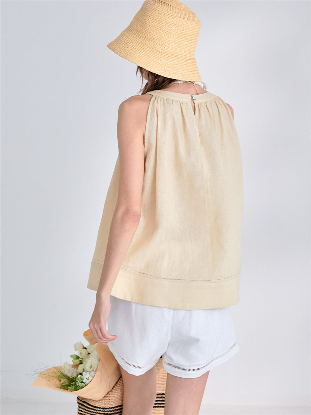 Textured Linen Off-shoulder Slim Fit Non-elastic Camisole