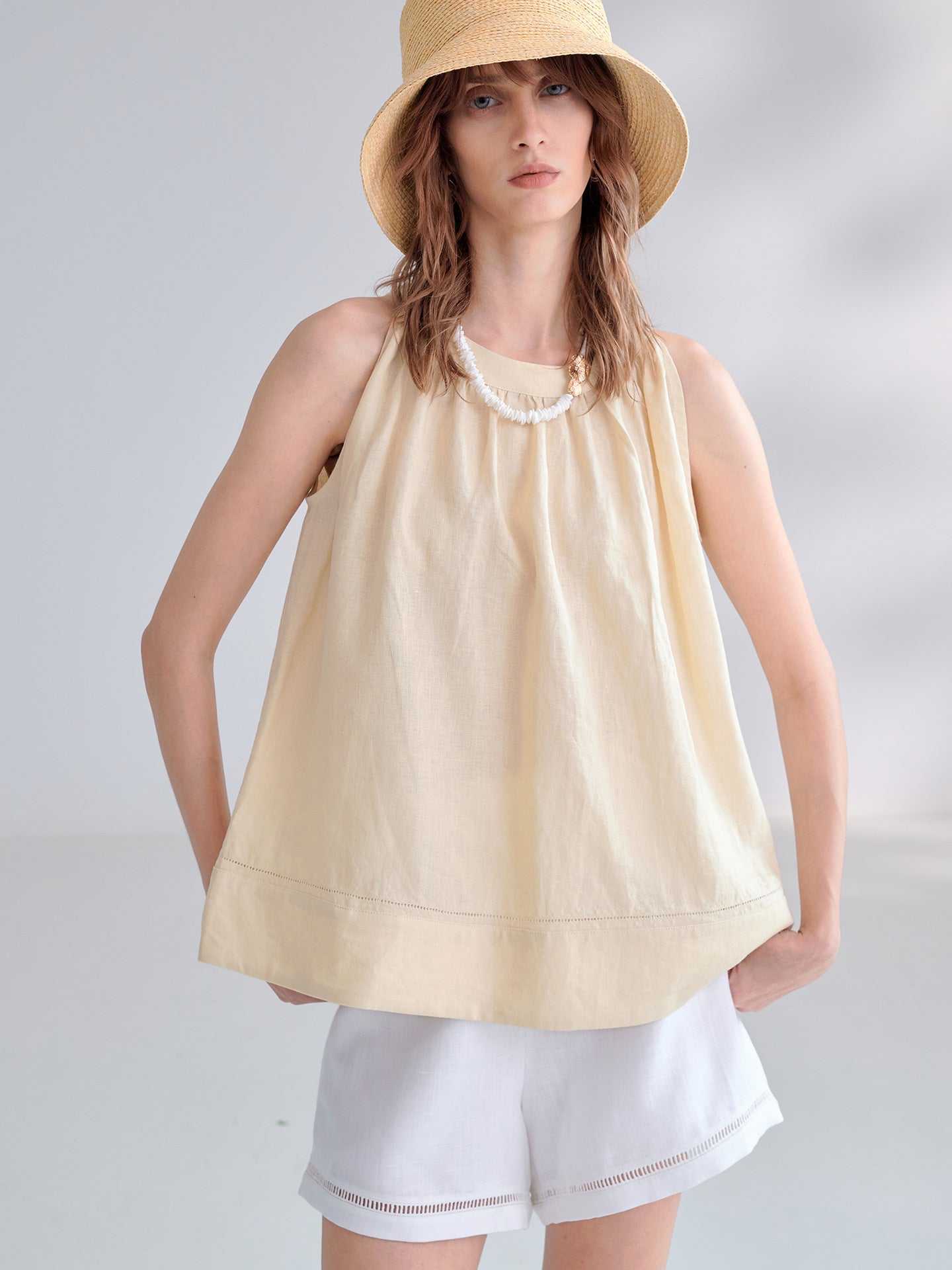 Textured Linen Off-shoulder Slim Fit Non-elastic Camisole