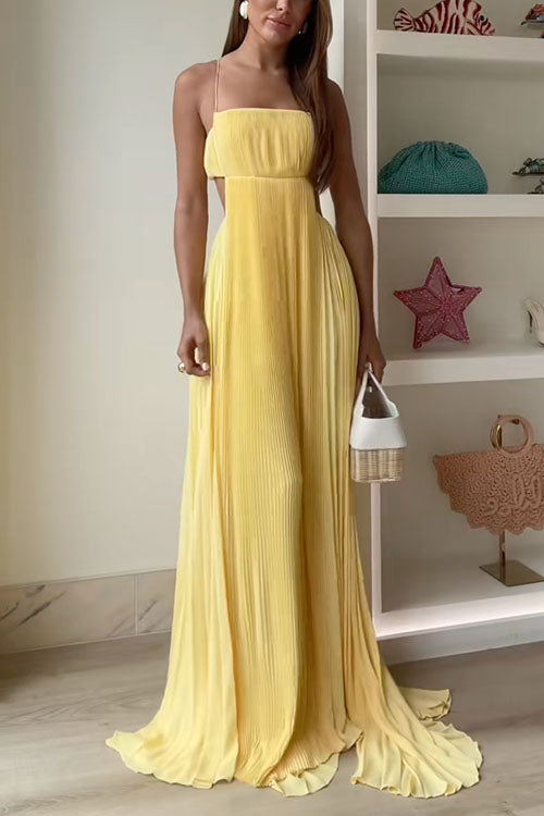 Spaghetti Strap Back Cut Out Pleated Maxi Dress