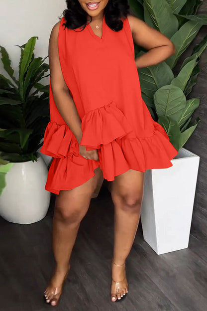 V-Neck Sleeveless Double Layer Ruffle Mini Dress (With Belt)