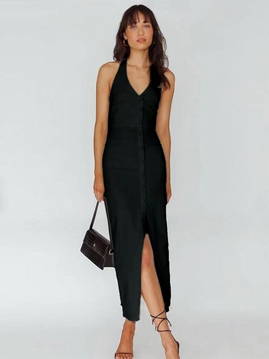 Plain Halter Dress Buttons V-Neck Backless Slit Convertible Party Midi Dresses