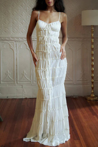 Lace Pleated Backless Suspender Maxi Dress