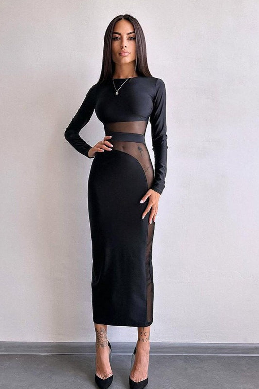 Crew Neck Mesh Panel Side Cutout Long Sleeve Bodycon Midi Dress