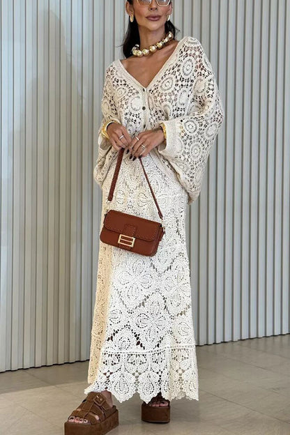 Anina Knit Crochet Cutout High Rise Elastic Waist Maxi Skirt