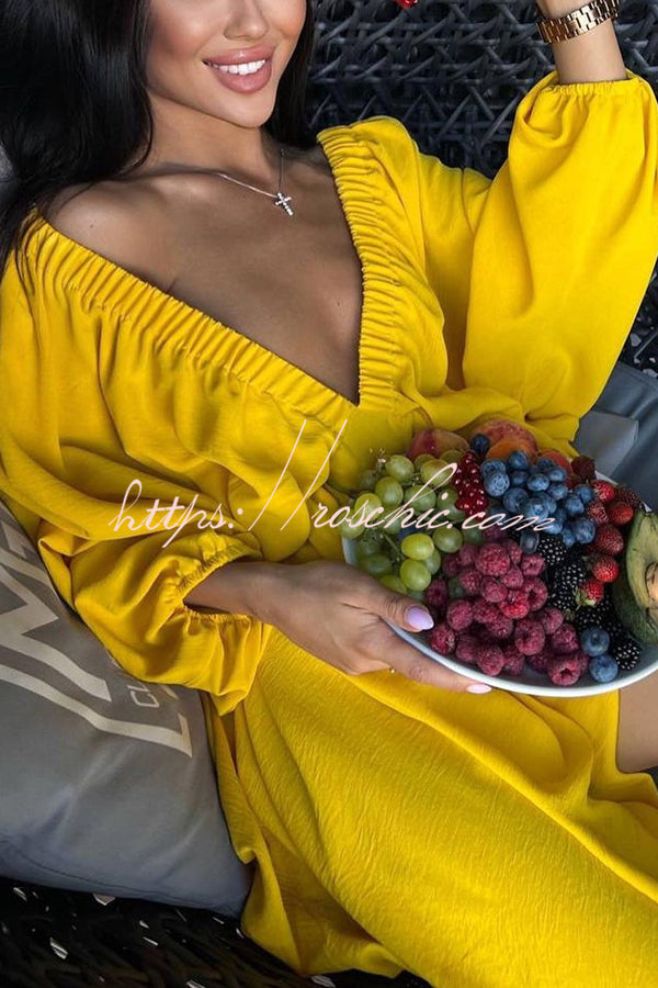 V Neck Puff Sleeve Solid Color Resort Style Mini Dress