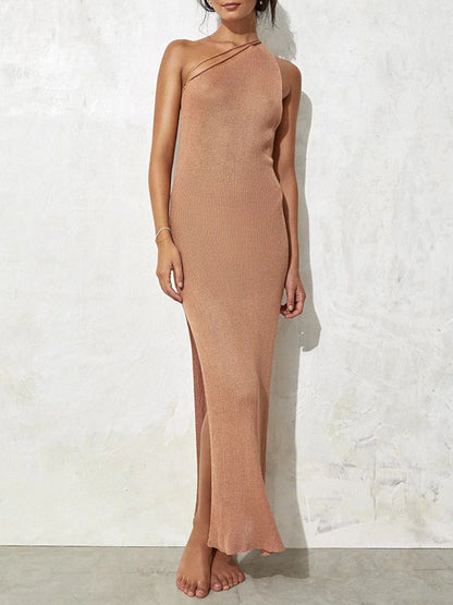 Bodycon Sleeveless Asymmetric Solid Color Split-Side One-Shoulder Maxi Dresses