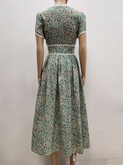 Printed Layered Casual V-Neck Short Sleeves Midi Dress