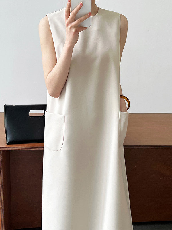 High Waisted Loose Pockets Solid Color Split-Back Zipper Round-Neck Midi Dresses