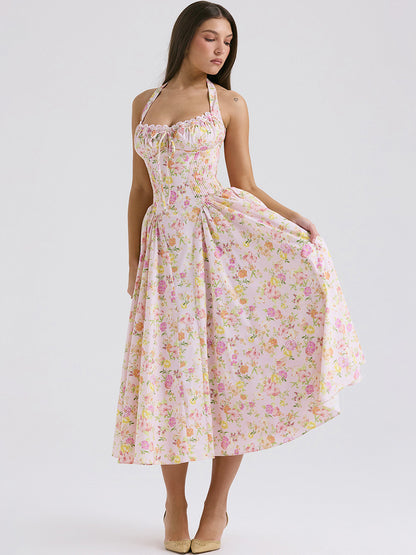 Corset Dress Floral Halter Lace Up Front Pleated Eyelet Trim Party Midi Dresses