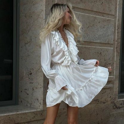 TARUXY Deep V Neck Folds Dress Women Fashion Ruffle White Loose Long Sleeve Dresses Femme Street Casual Elegant Mini Dress Woman