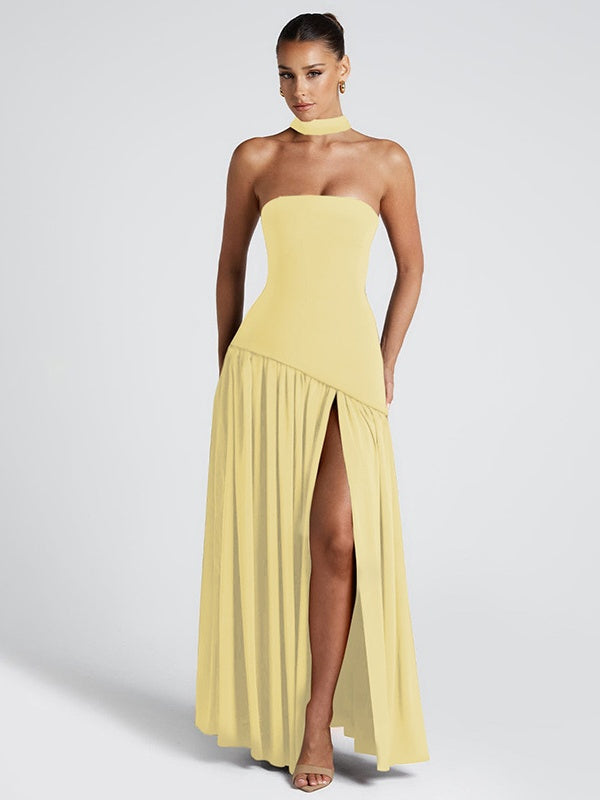 Strapless, Fitted, Solid Color, Open Back, Elegant Long Dress With Ribbons