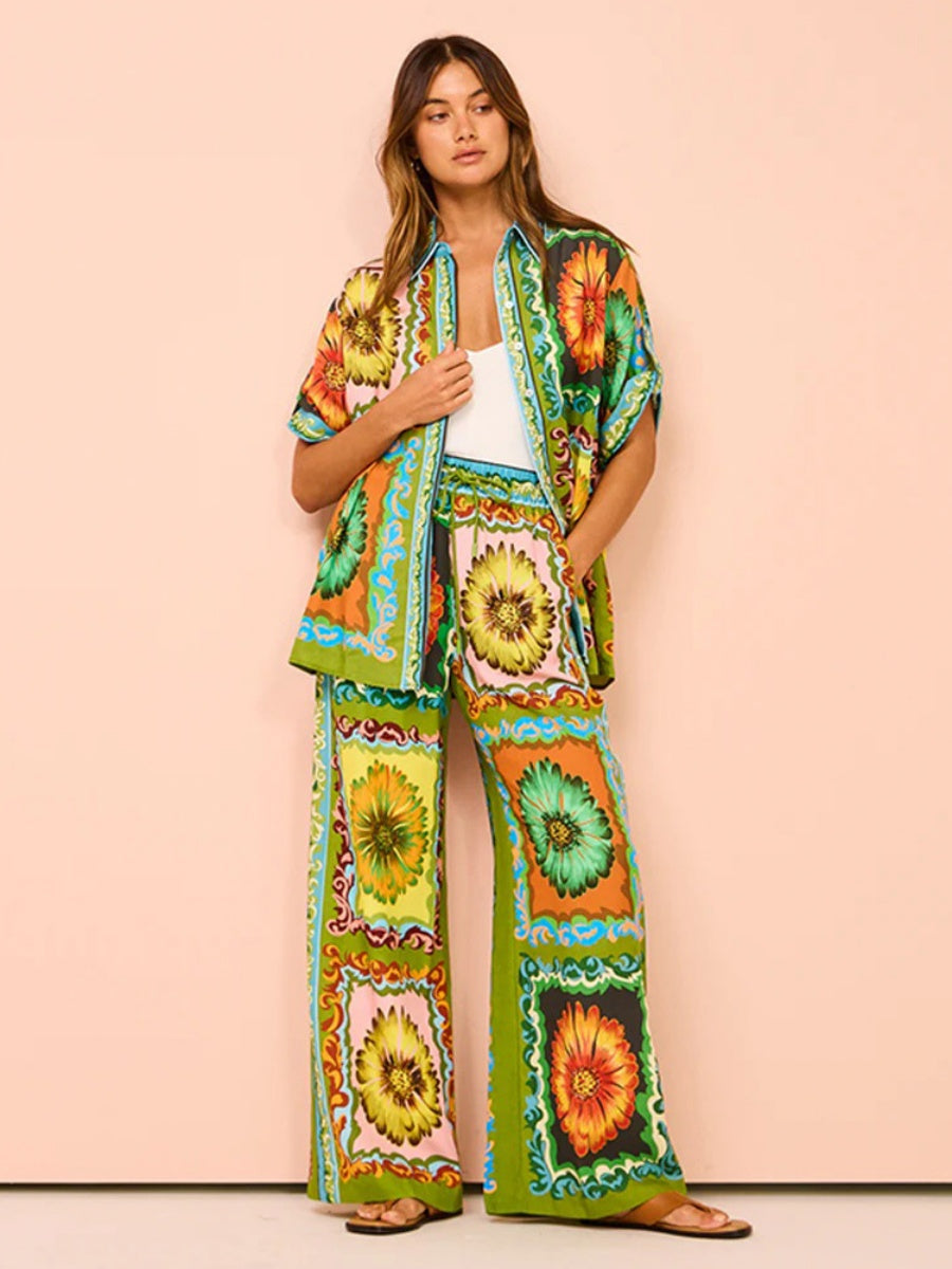 Printed Vacation Long-sleeved Shirt Pants Wide Leg Set 2-piece Sets