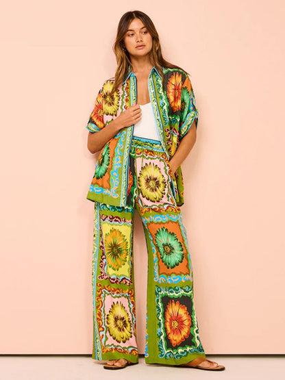 Printed Vacation Long-sleeved Shirt Pants Wide Leg Set 2-piece Sets