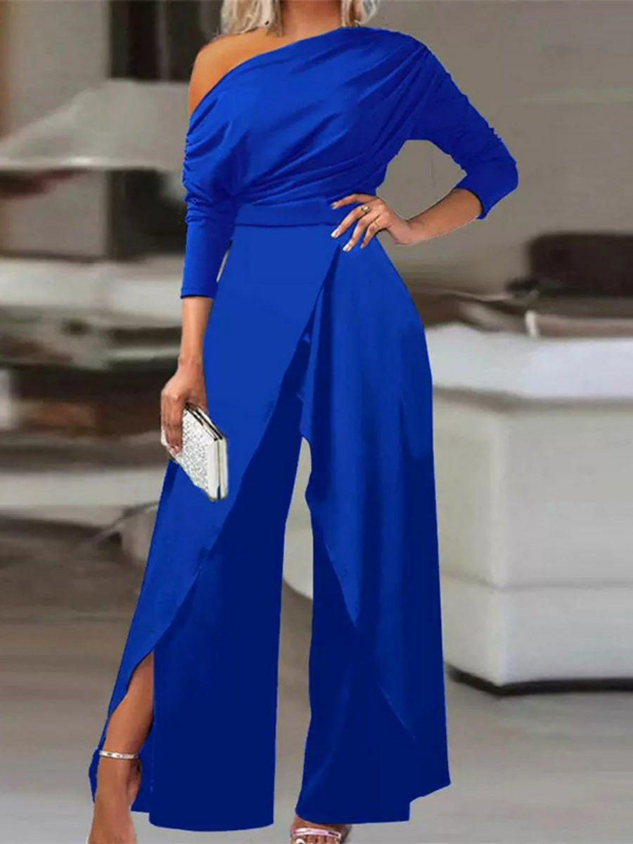 Sloping Shoulders Asymmetrical High Waist Slit Jumpsuits