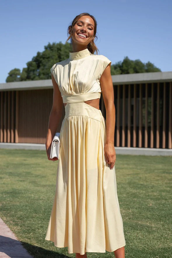Mock Neck Ruched Bodice Waist Cut Out Flowy Midi Dress