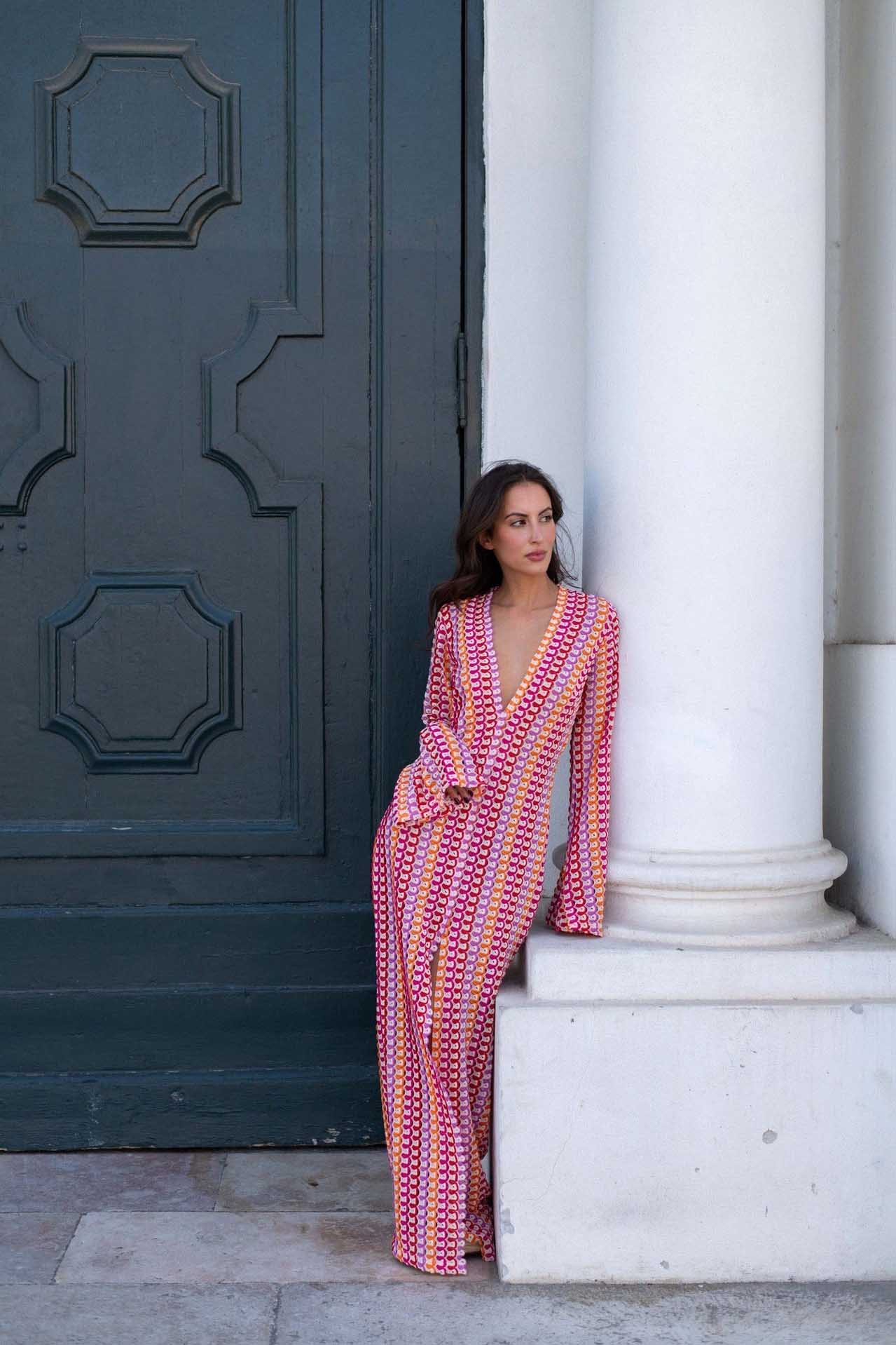 Scallop Circle Print Deep V-Neck Long Sleeve Front Slit Maxi Dress