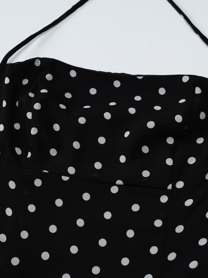 Polka Dot Print Fitted Waist Strapless Halter Neck Short Dress