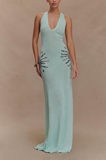 V Neck Sleeveless Open Back Knit Maxi Dress with Sequin