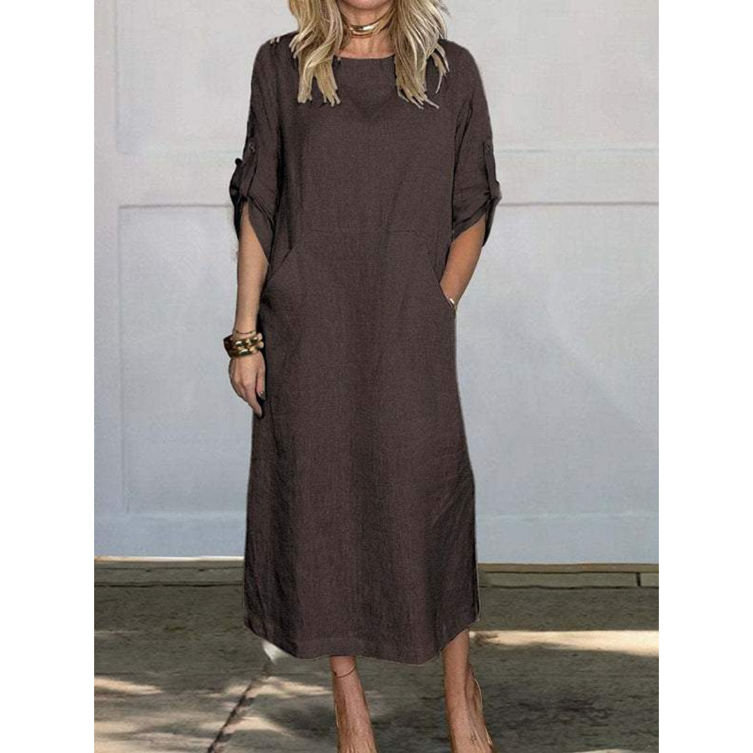Linen Blend Roll Tab Sleeve Patch Pocket Relaxed Midi Dress