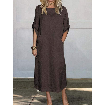 Linen Blend Roll Tab Sleeve Patch Pocket Relaxed Midi Dress