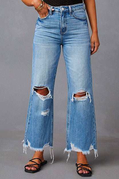 Margovil Raw Hem Ripped Flare Bottoms Denim Pants