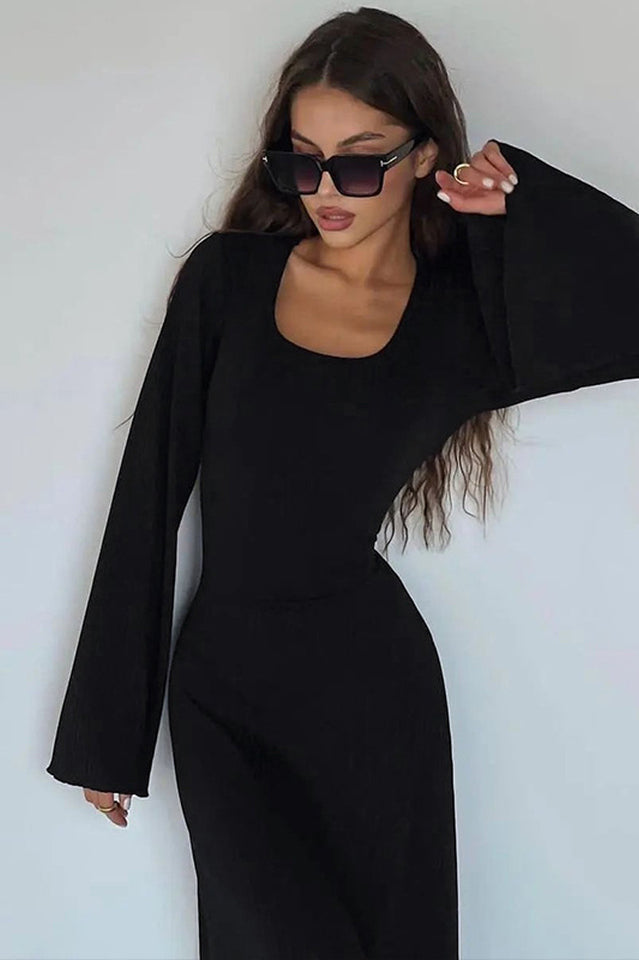 Ribbed Knit Scoop Neck Bell Sleeve Bodycon Maxi Dress