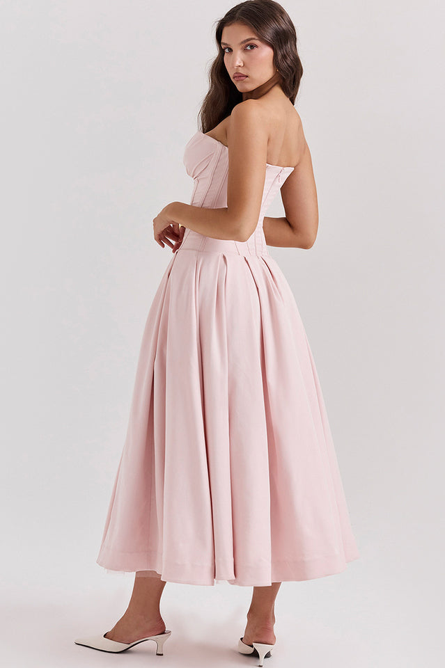 Strapless Deep Plunge Corset Boned Pleated A-Line Midi Dress
