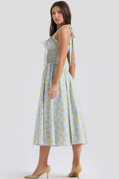 Halter Sweetheart Neck Lace Trim Ditsy Floral Corset Bodice Midi Dress
