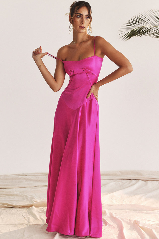 Satin Corset Bustier Spaghetti Strap Basque Waist A-Line Maxi Gown