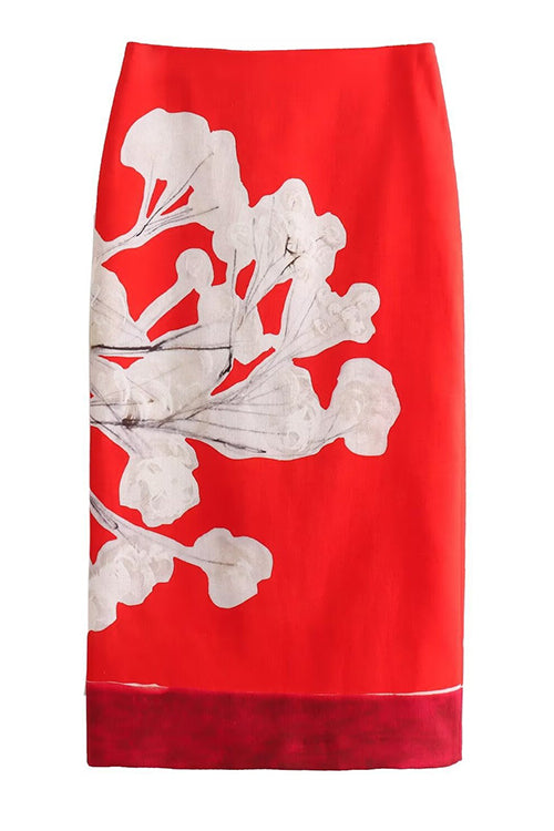 Margovil High Rise Color Block Floral Print Pencil Midi Skirt