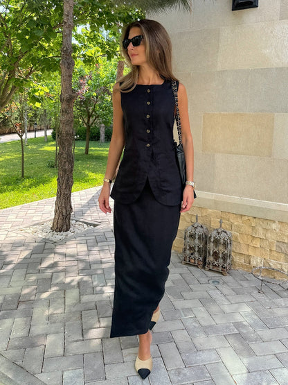 Flax High-waisted Sleeveless Vest Skirts Set 2-piece Sets