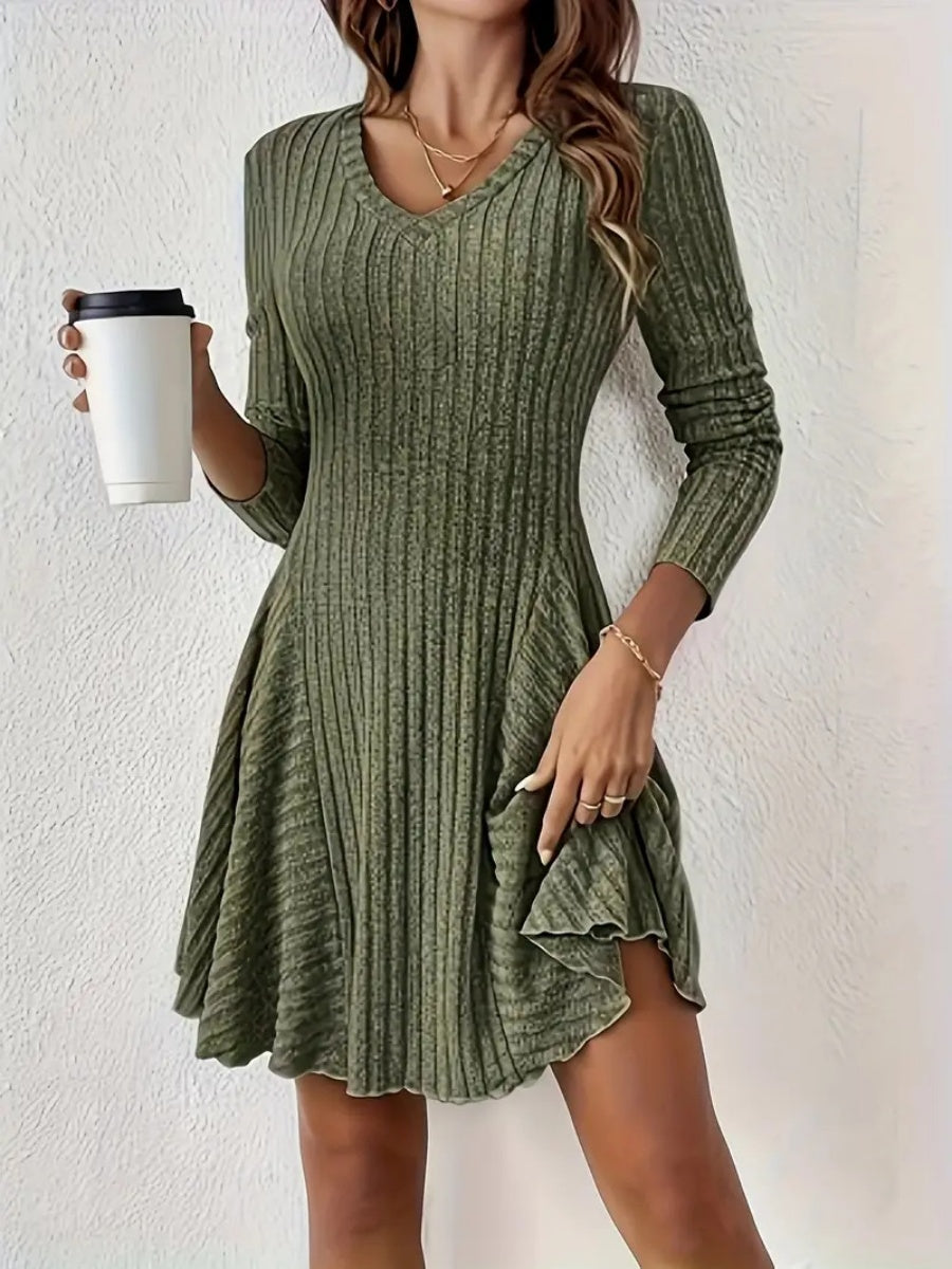 Pit Strip Knitting V-neck Long Sleeve Long Skirt Mini&Short Dresses