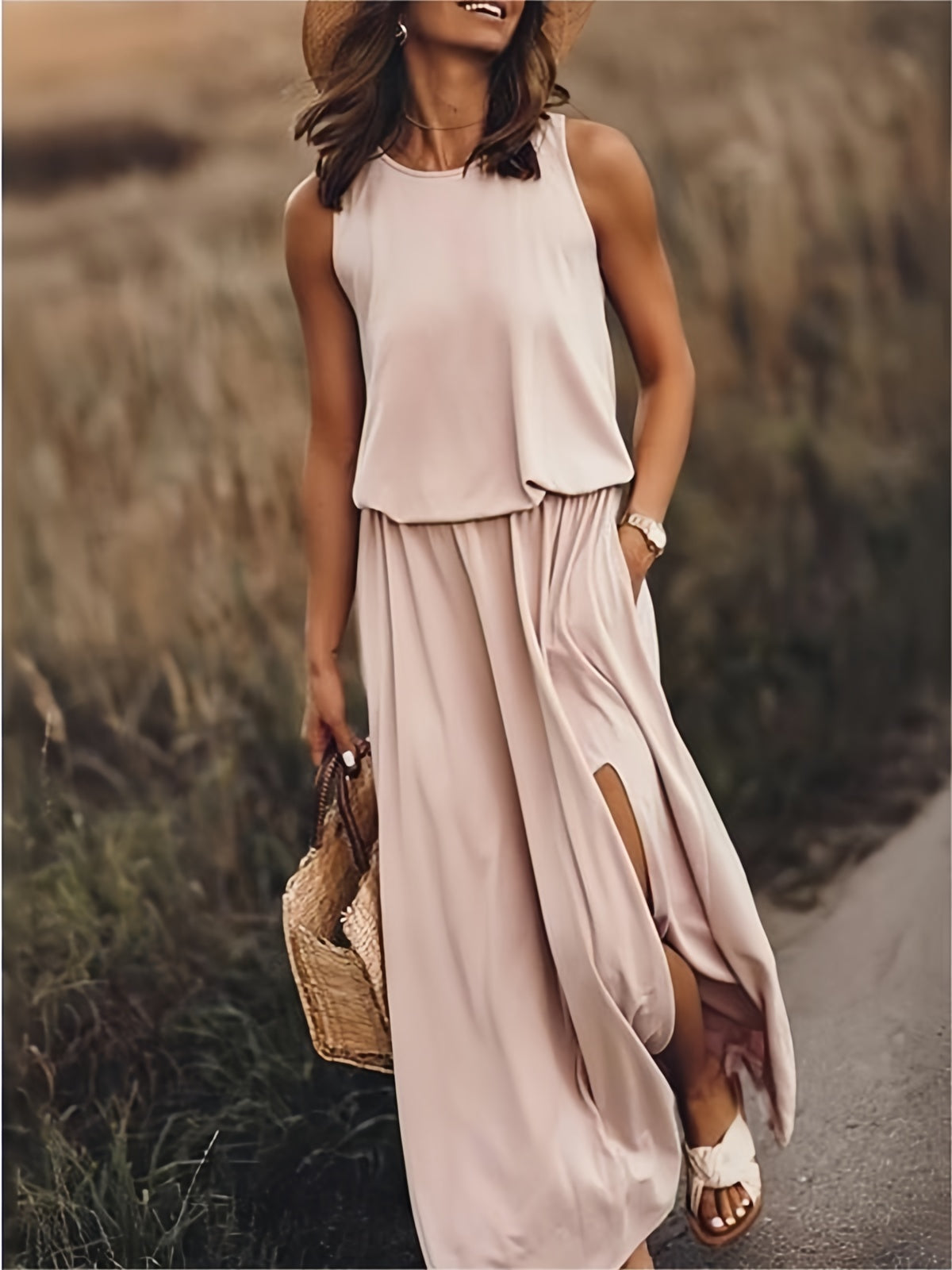 Sleeveless Crew Neck Tiered High Split Side Pocket Maxi Dress
