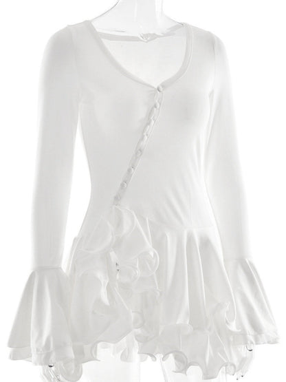 V-neck Long Sleeve Ruffle Mini&Short Dresses