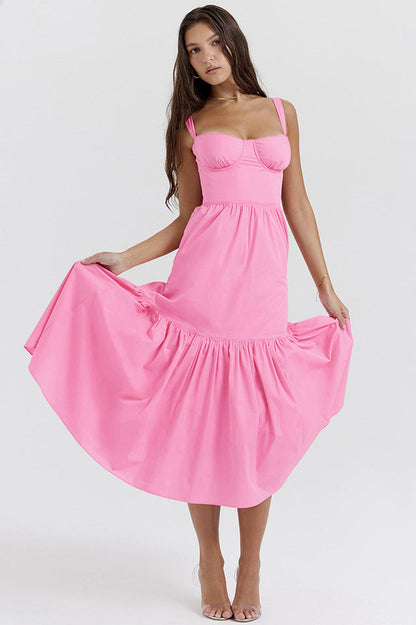 Floral Print Sweetheart Bustier Wide Strap Tiered Ruffle Hem Midi Dress