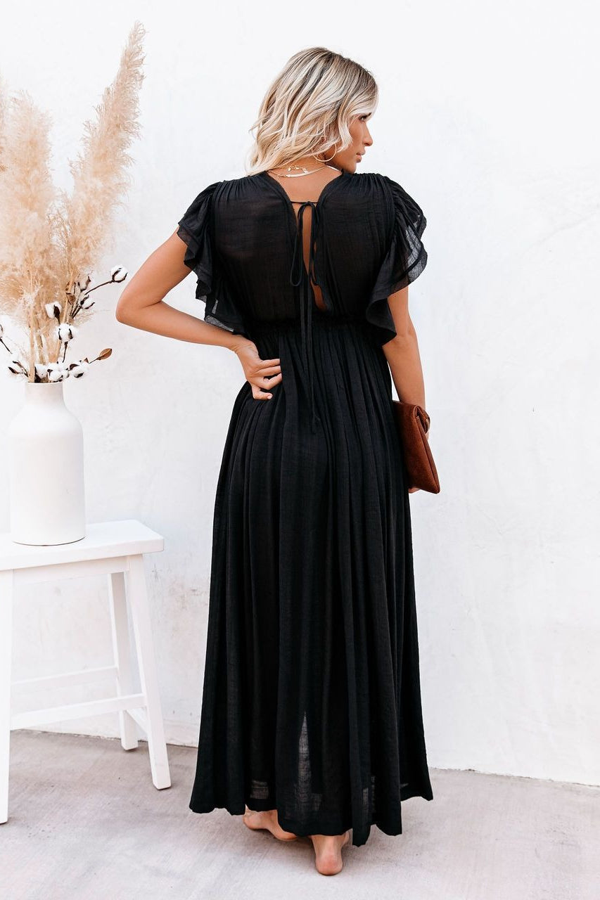 Deep V-Neck Flutter Sleeve Button Front Drawstring Waist Maxi Dress