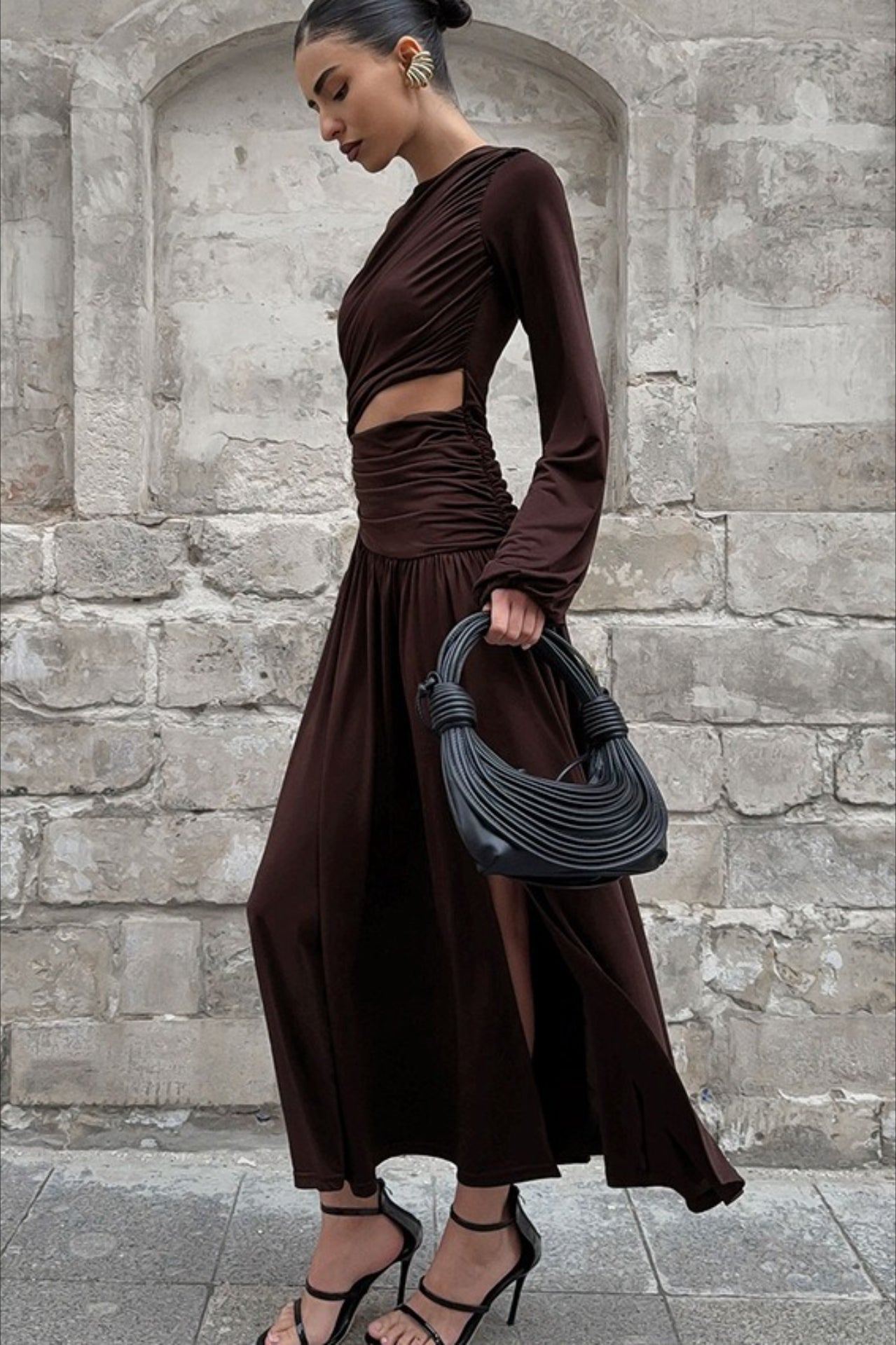 Ruched High Neck Long Sleeve Waist Cutout High Slit Maxi Dress