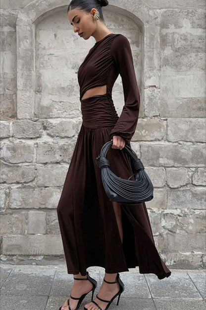 Ruched High Neck Long Sleeve Waist Cutout High Slit Maxi Dress