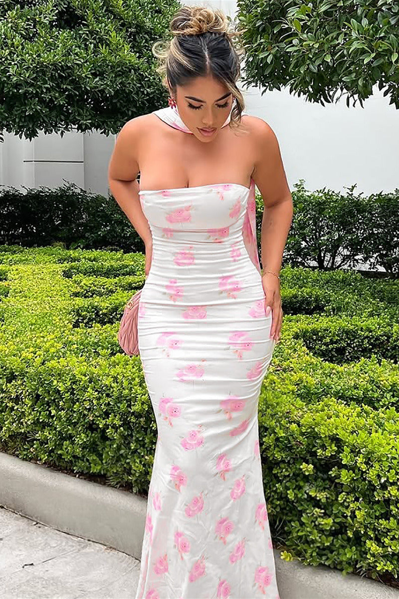 Strapless Backless Slim Printed Floral Dress