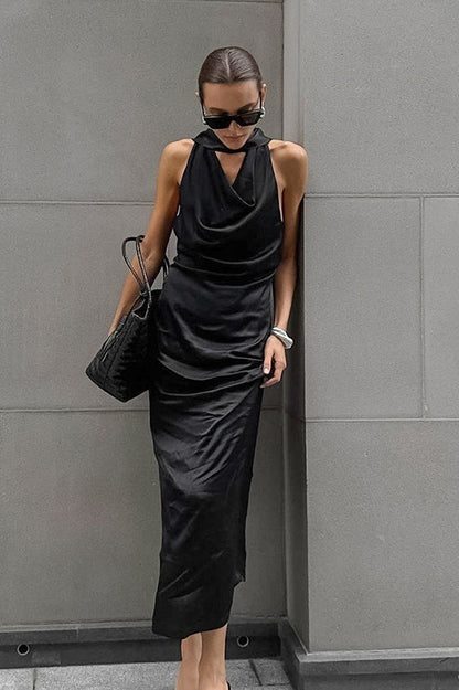 Cowl Neck Halter Satin Column Maxi Dress