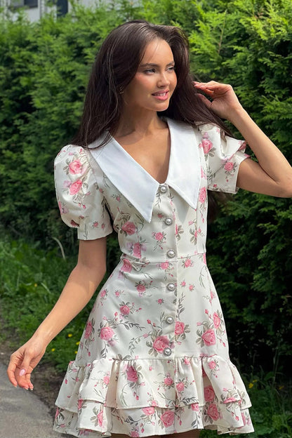 Floral Print Oversized Pointed Collar Puff Sleeve Button Front Tiered Mini Dress